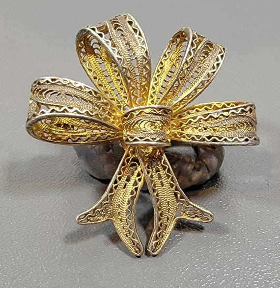 Bow brooch filigree 800 silver gilt vintage Romantic portugal souvenir