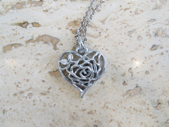 Heart pendant silver tone tone decorative filigre… - image 1