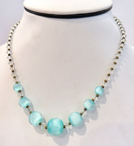 Aqua bead necklace crystal spacers art deco graduated size beads