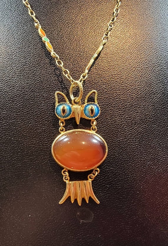 owl necklace enamel gilt metal carnelian belly chinese export jewelry