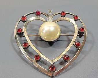 Heart Brooch Love token Sterling silver Large Pearl Rhinestone WWII love token