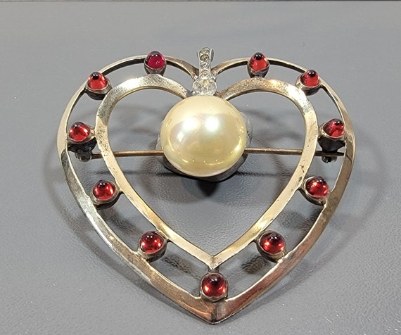 Heart Brooch Love token Sterling silver Large Pearl Rhinestone WWII love token