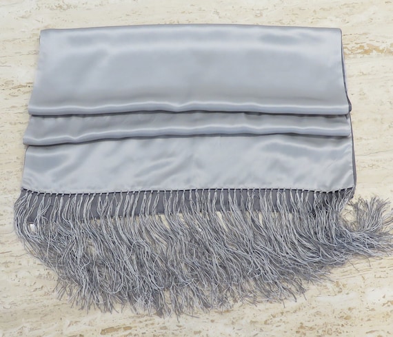 Large silk two color silver grey fringed scarf si… - image 1