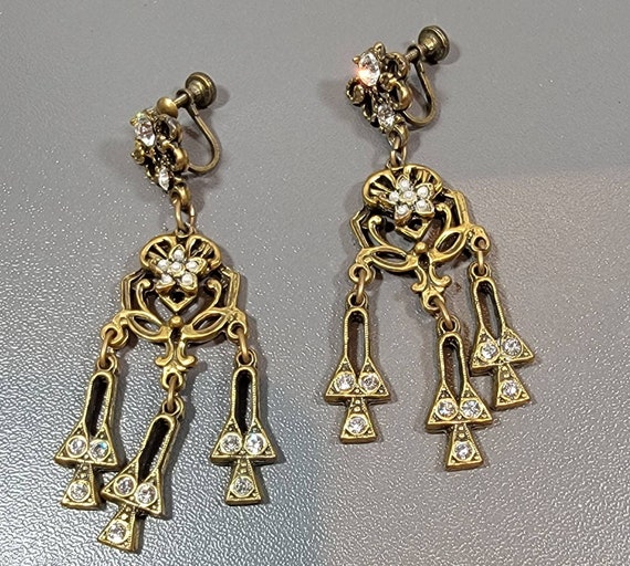 pearl dangle earrings long drops antique style screw on