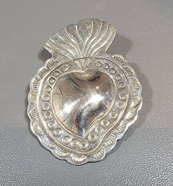 Sacred heart brooch sterling silver milagro flaming heart