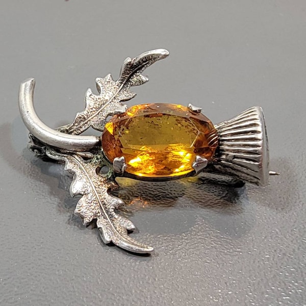 scotland thistle brooch sterling silver  amber glass stone ward brothers