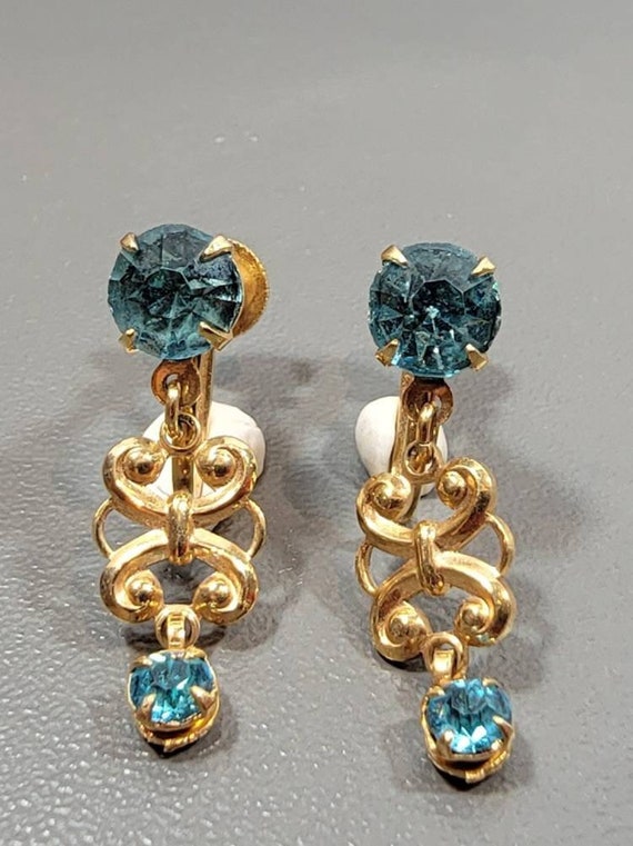gold plated earrings blue zircon rhinestones screw on