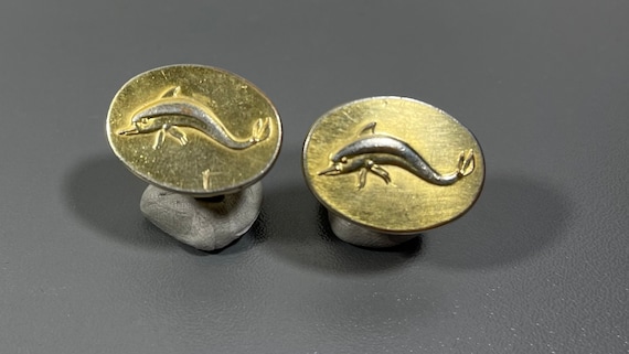 Dolphin cufflinks gold tone round. Archaic Roman Dolphin Motif.