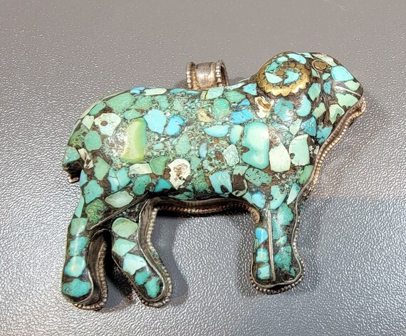 ram pendant turquoise chip inlay silver and brass nepal