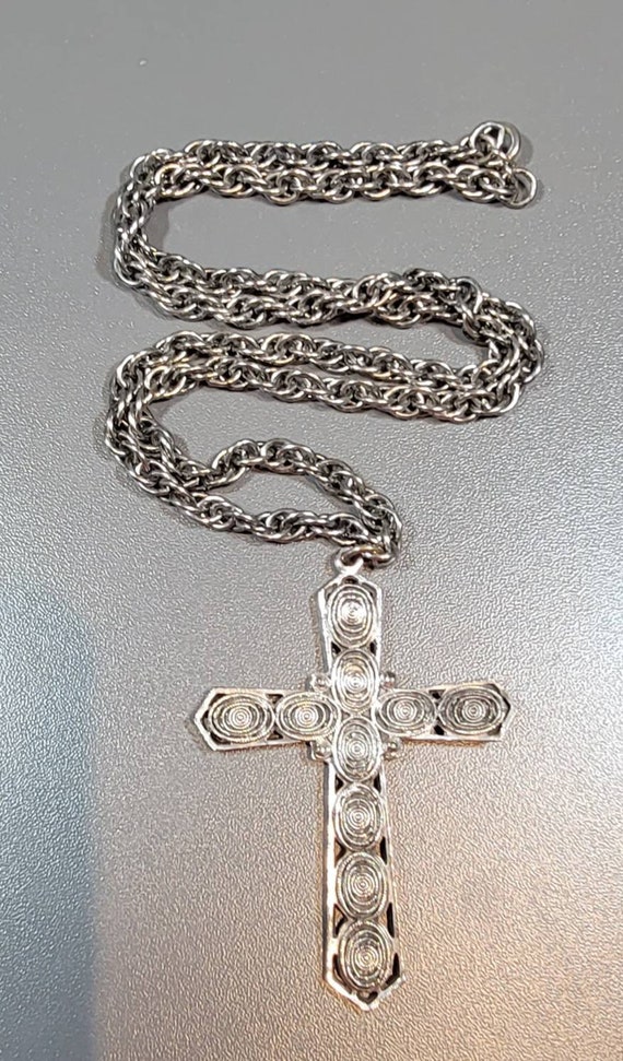 Cross necklace large pendant silver or pewter tone metal Vintage tortolani