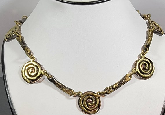 brutalist necklace mixed metals bronze brass copper spiral links