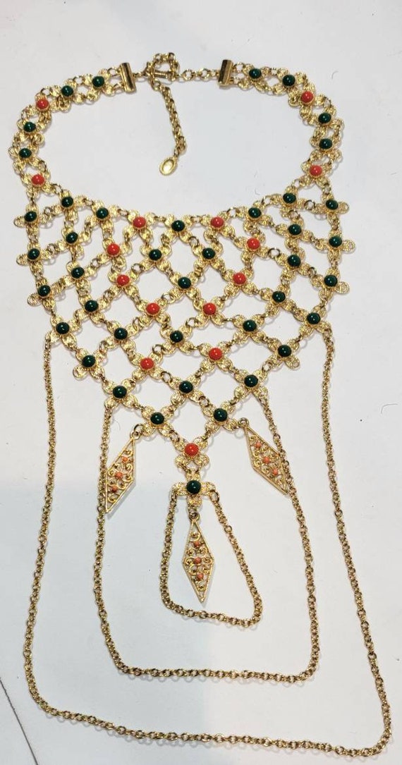 Egyptian revival Necklace Bib Swagged chain adjus… - image 2