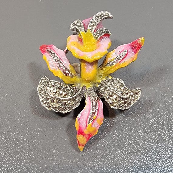 Flower brooch enamel orchid pink yellow marcasite rhinestone
