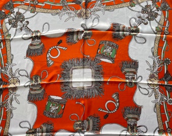 Orange Green and White Scarf with tassel design, old fashioned military motifs