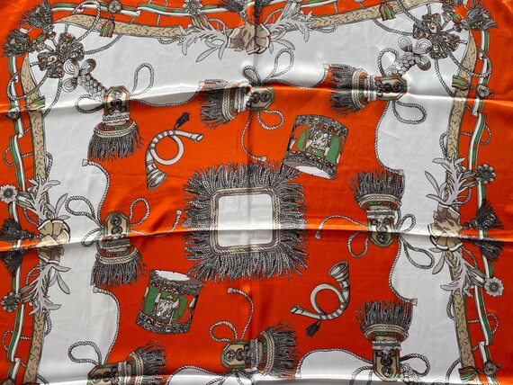 Orange Green and White Scarf with tassel design, old fashioned military motifs