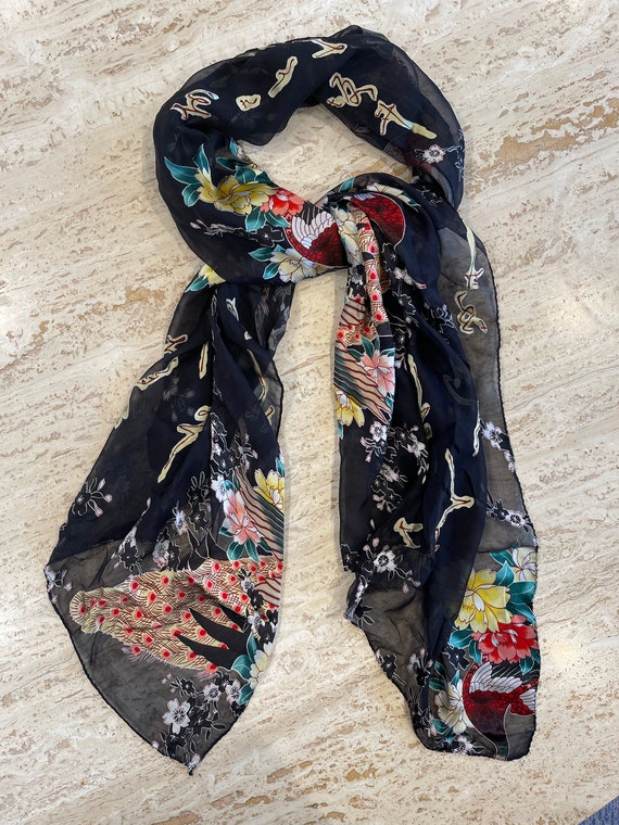 Peacock Silk Chiffon Scarf Oblong Long Floral on … - image 2