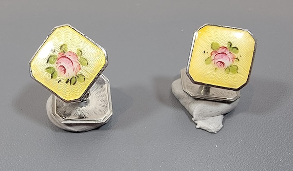 yellow enamel cufflinks pink roses