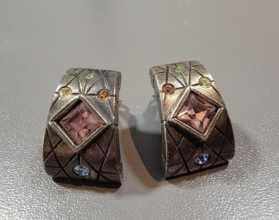 patricia locke earrings clip on style multi color rhinestone vintage pewter tone metal