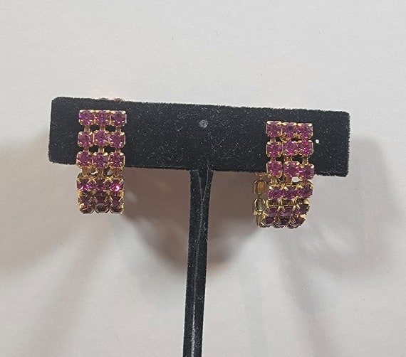 pink Rhinestone earrings dangle hoops Pink clip ons