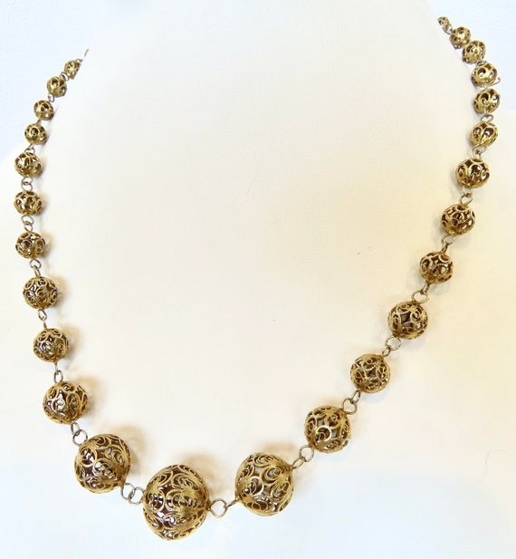 Filigree bead necklace graduated gold washed ster… - image 7
