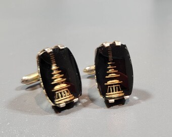 Pagoda cuff links reverse carved glass black gold