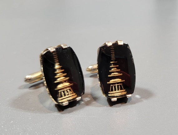 Pagoda cuff links reverse carved glass black gold
