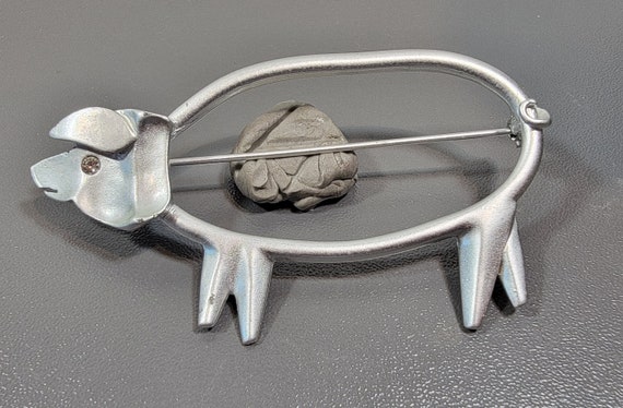 pig brooch large silver tone metal rhinestone eye