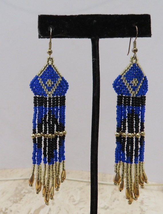 beaded fringe earrings Cobalt glass black beads Big dangles