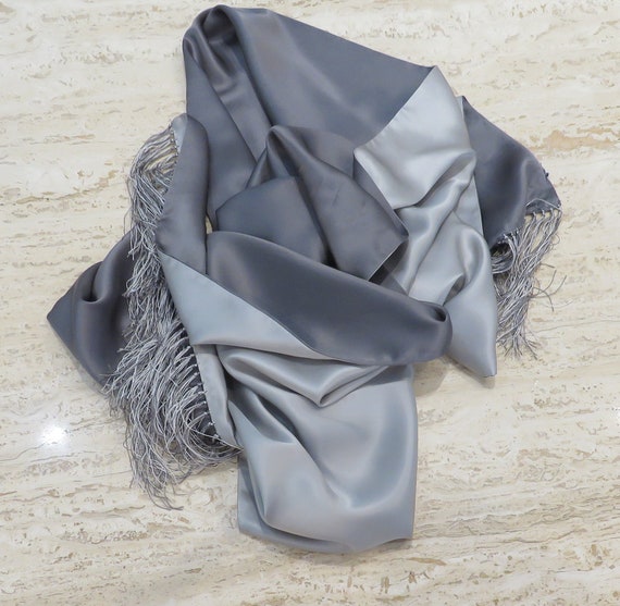 Large silk two color silver grey fringed scarf si… - image 8