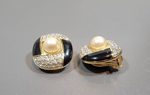 swarovski Pearl earrings pave rhinestone deco style clips