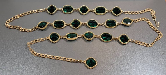 emerald green station necklace Gold chain heavy bezel stones