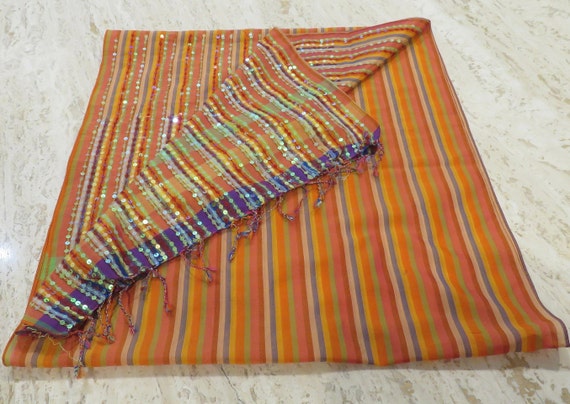 Orange Striped scarf  sequins large oblong scarf … - image 4
