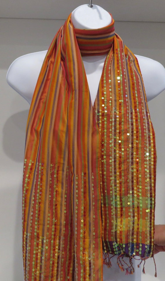Orange Striped scarf  sequins large oblong scarf … - image 3