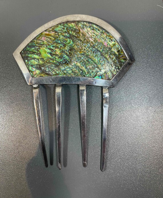 Antique Abalone and Silver Mantilla Hair Comb Lar… - image 8