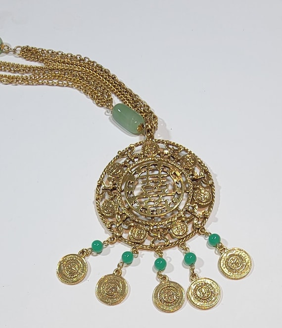 Goldette Asian fantasy necklace and earrings coins chains green beads massive fun
