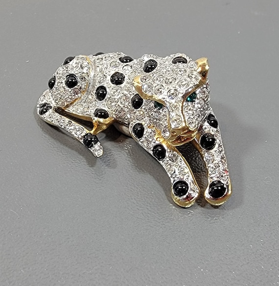 Leopard brooch rhinestones spotted cat Silver glass HIGH quality pin