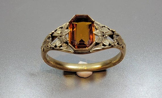 Victorian revival style  bracelet wide filigree topaz glass stone hinged