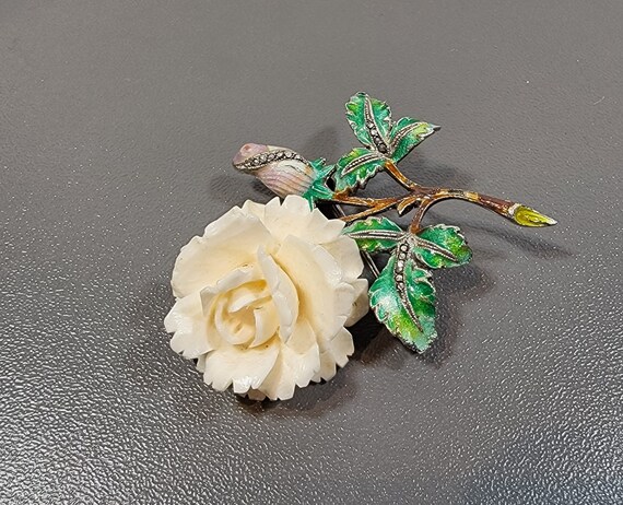 Rose blossom brooch romantic sterling silver enamel june birthday