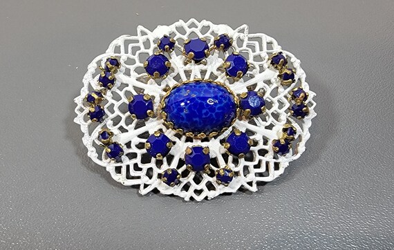 jonne Blue glass brooch white  filigree faux lapis