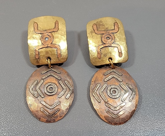 Brass earrings modernist tribal mbsf clip on vint… - image 1