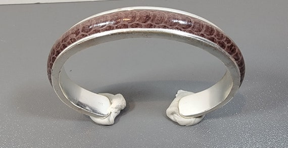 Sterling silver cuff bracelet slim brown snakeskin accent