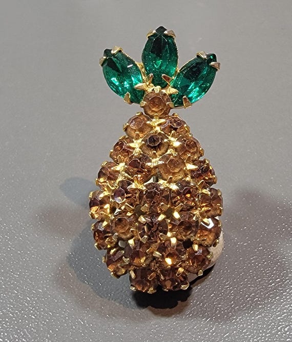 pineapple brooch rhinestones Green and yellow vintage fruit pin