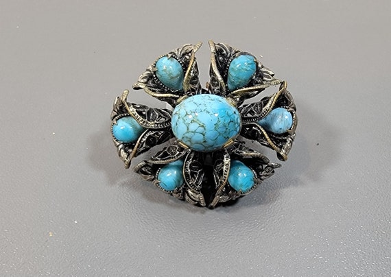 blue brooch antique style flower shaped faux turquoise