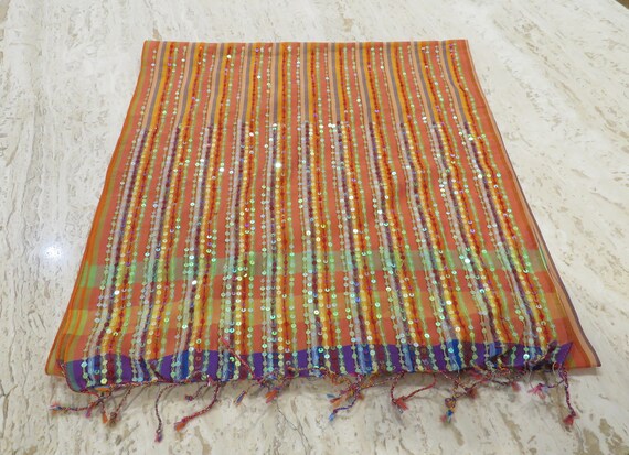 Orange Striped scarf  sequins large oblong scarf hot colors madras wrap