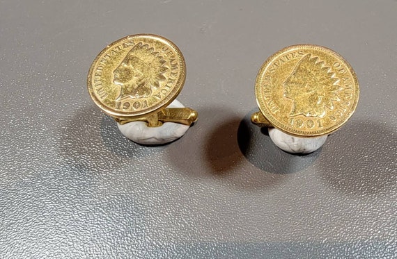 coin cufflinks gold tone metal plated  coins usa Indian head penny