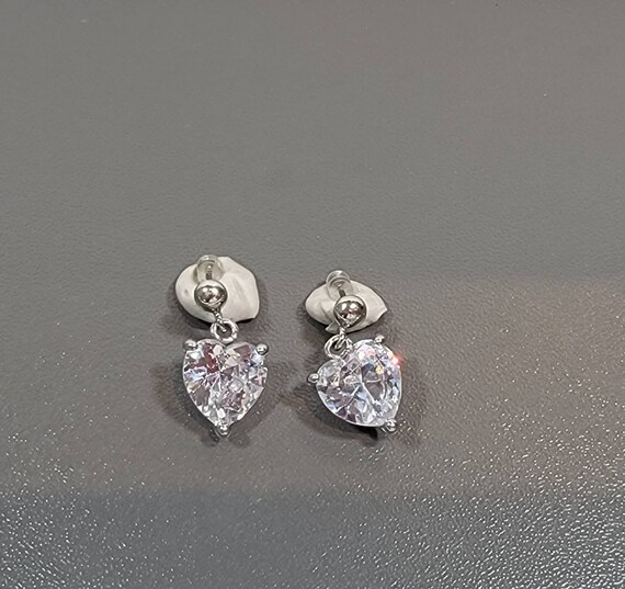 heart earrings silver tone pierced drops crystal