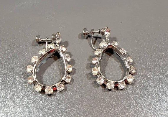 Rhinestone earrings dangle drop silver tone teard… - image 5