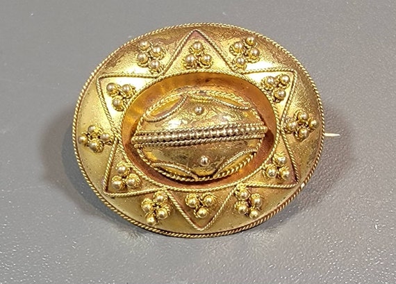 Antique brooch etruscan revival decorative large oval victorian brooch c clasp