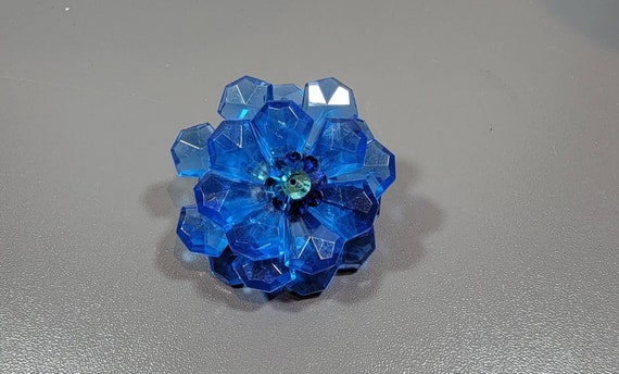 Flower brooch Blue boho blossom brooch rhinestone center plastic petals