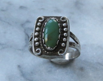 Turquoise Ring Fred Harvey Oval green stone stampwork fancy setting